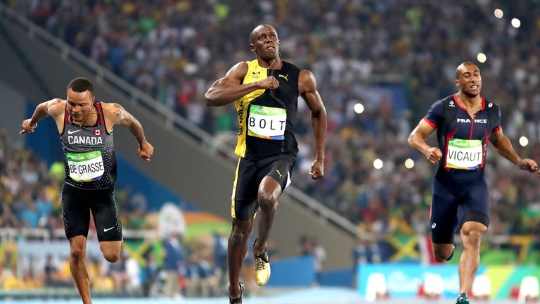 Usain Bolt celebrates after winning the Mens 100m final in Rio