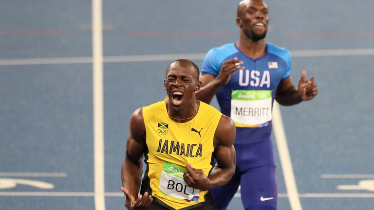 Jamaica's Usain Bolt celebrates winning the Men's 200 metre final 