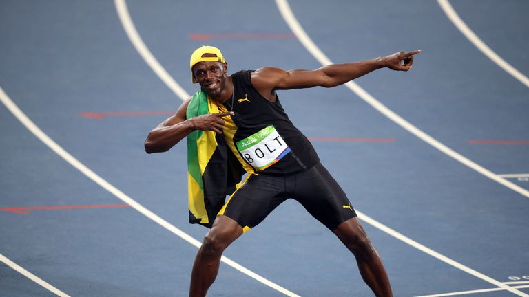 Jamaica's Usain Bolt celebrates winning the men's 100m final at Rio 2016