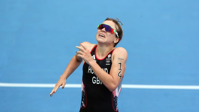 Great Britain's Vicky Holland finishes third following the Women's Triathlon on the fifteenth day of the Rio Olympics Games, Brazil.