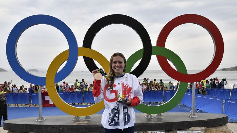 Britain's Vicky Holland celebrates with her bronze medal