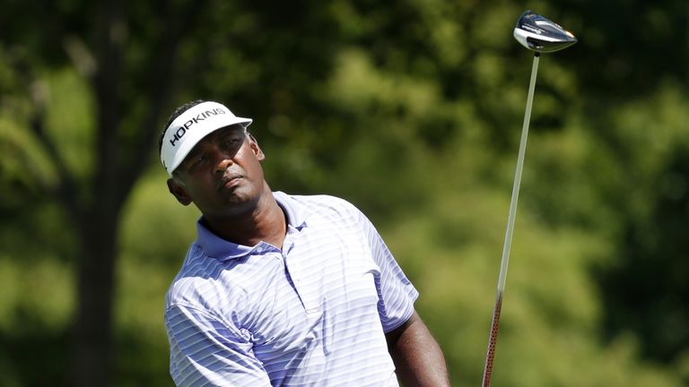 COLUMBUS, OH - AUGUST 11:  Vijay Singh of Fiji watches his drive on the 18th hole during the first round of the 2016 Senior United States Open at Scioto Co