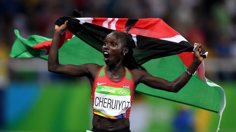 RIO DE JANEIRO, BRAZIL - AUGUST 19:  Vivian Jepkemoi Cheruiyot of Kenya celebrates winning the Women's 5000m Final and setting a new Olympic record of 14:2