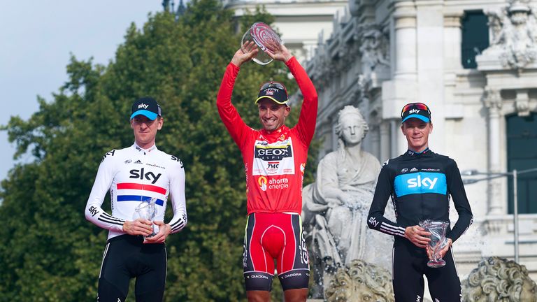 Spain's Juan Jose Cobo (C) of Geox TMC celebrates on the podium after winning the Vuelta cycling tour of Spain next the second British Christopher Froome (