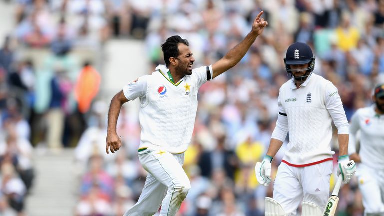 Wahab Riaz of Pakistan celebrates dismissing James Vince of England during day one of the 4th Investec Test