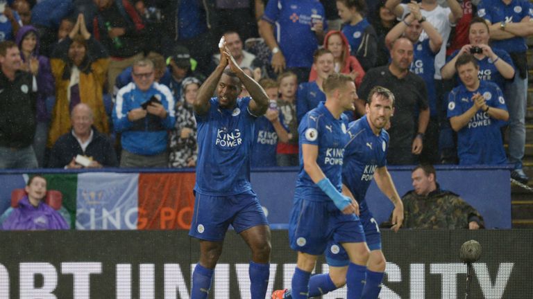 Leicester City's Wes Morgan celebrates after scoring