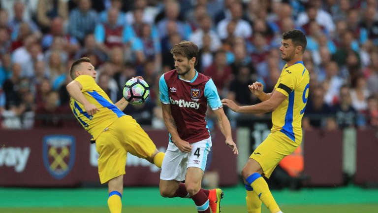 West Ham United's Havard Nordtveit (centre) battles for the ball with Nk Domzale's Matic Crnic (left) and Antonio Mance during the UEFA Europa League, Thir