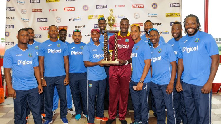 West Indies team with the winning Paytm trophy