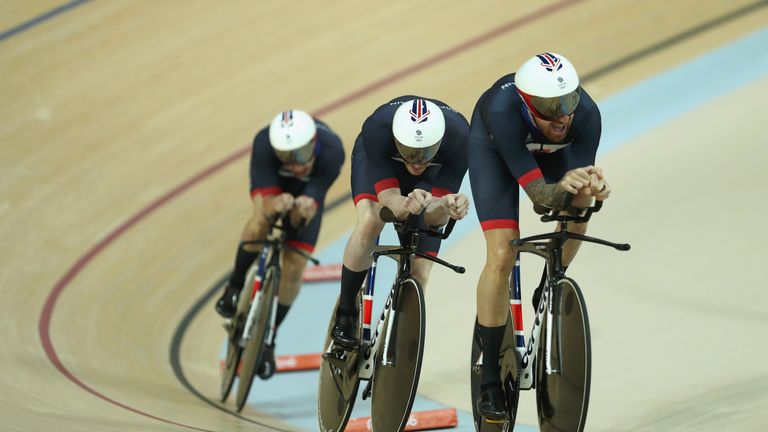 RIO DE JANEIRO, BRAZIL - AUGUST 12:  Edward Clancy, Steven Burke, Owain Doull and Bradley Wiggins of Team Great Britain competes in the Men's Team Pursuit 