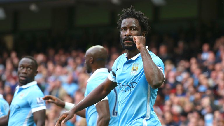 Wilfred Bony celebrates scoring for Manchester City