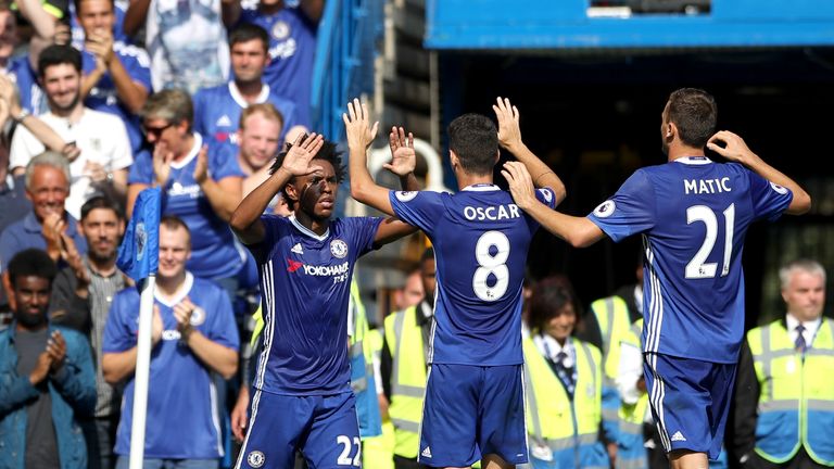 Chelsea's Willian (left) celebrates scoring his side's second goal of the game v Burnley with team-mates Oscar and Nemanja Matic (right), Premier League