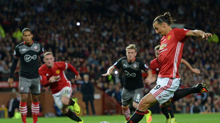 Zlatan Ibrahimovic (R) scores United's second goal from the penalty spot