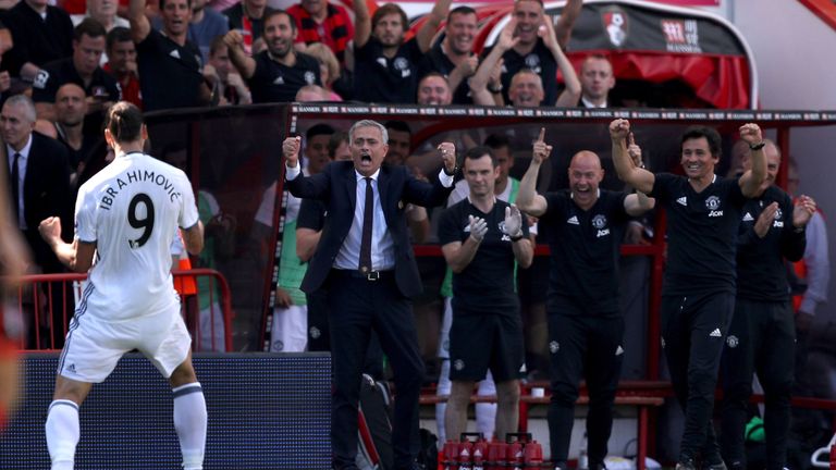 Manchester United's Zlatan Ibrahimovic celebrates scoring in front of manager Jose Mourinho