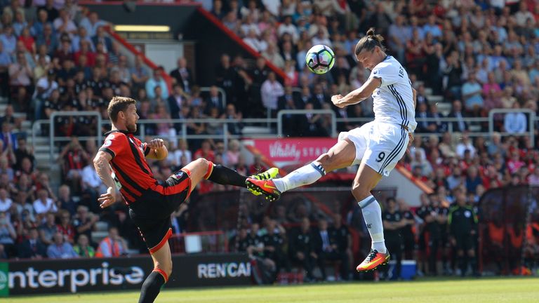 Manchester United's Swedish striker Zlatan Ibrahimovic (R) follows up his free kick during the English Premier League football match between Bournemouth an