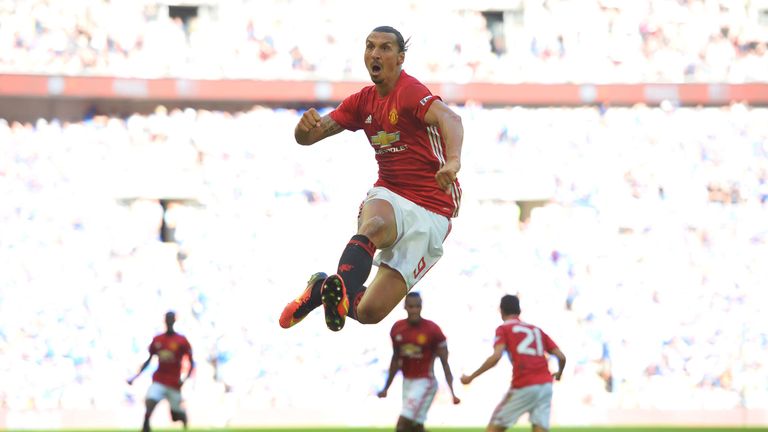 Zlatan Ibrahimovic celebrates scoring Man Utd's second goal