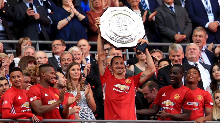 Manchester United's Zlatan Ibrahimovic lifts the Community Shield 