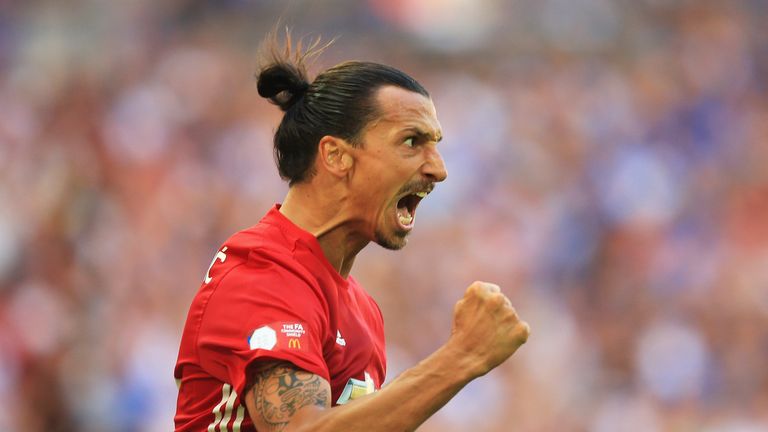 Zlatan Ibrahimovic of Manchester United celebrates after scoring his side's second goal during The FA Community Shield match v Leicester at Wembley