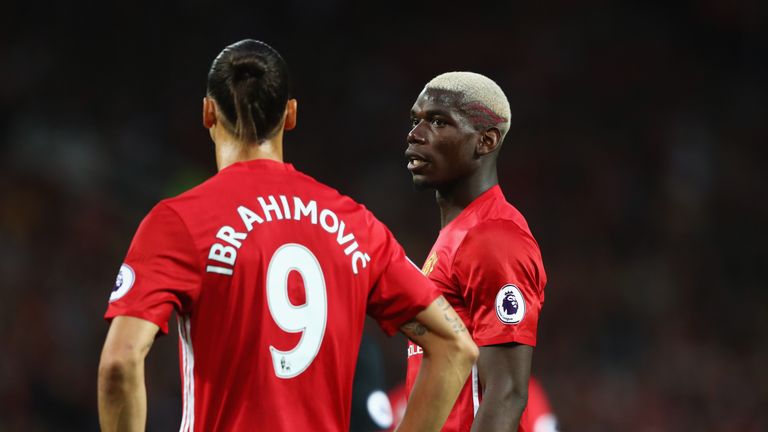  Paul Pogba talks to Zlatan Ibrahimovic during the Premier League match between Manchester United and Southampton