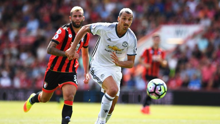 Zlatan Ibrahimovic of Manchester United is closed down by Steve Cook of Bournemouth
