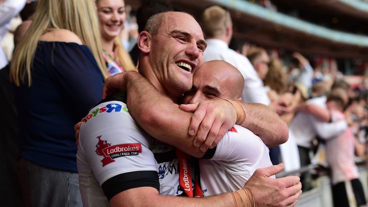 Gareth Ellis and Danny Houghton of Hull FC celebrate after the Challenge Cup final