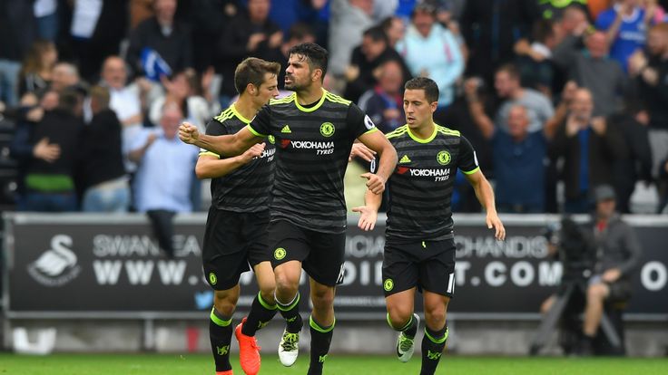 SWANSEA, WALES - SEPTEMBER 11:  Chelsea forward Diego Costa (c) ncelebrates his second goal during the Premier League match between Swansea City and Chelse