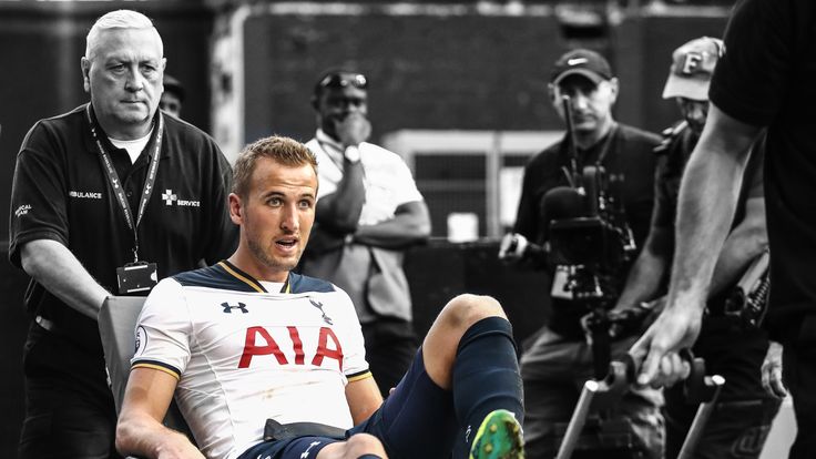Harry Kane of Tottenham Hotspur is put onto a stretcher after coming off injured during the Premier League match against Sunderland