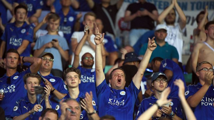 Fans cheer for Leicester prior to the Champions League Group G match at Club Brugges