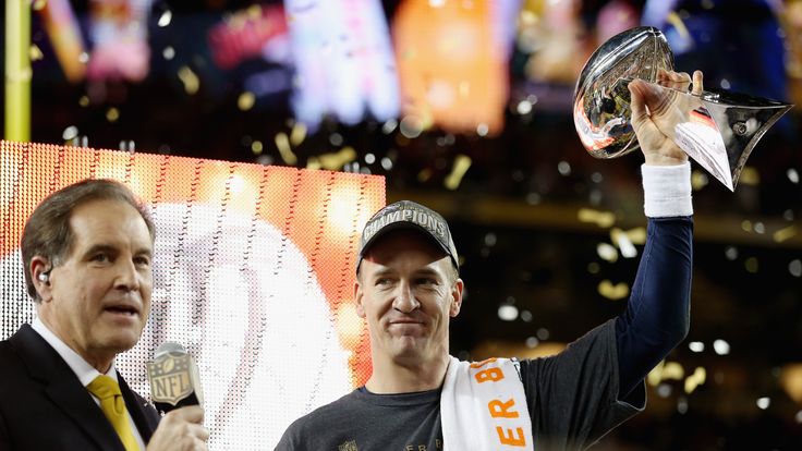 SANTA CLARA, CA - FEBRUARY 07:  Quarterback Peyton Manning #18 of the Denver Broncos holds the Vince Lombardi Trophy after winning Super Bowl 50 against th