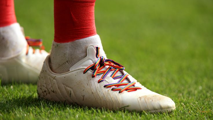 Closeup detail of Stonewall rainbow laces.