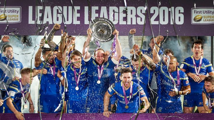 Warrington Wolves lift The League Leaders' Shield following the Super 8's match at the KCOM Stadium, Hull