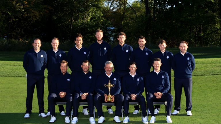 CHASKA, MN - SEPTEMBER 27:  (Front L-R) Henrik Stenson, Lee Westwood, captain Darren Clarke, Rory McIlroy, Justin Rose, (Back L-R) Sergio Garcia, Danny Wil