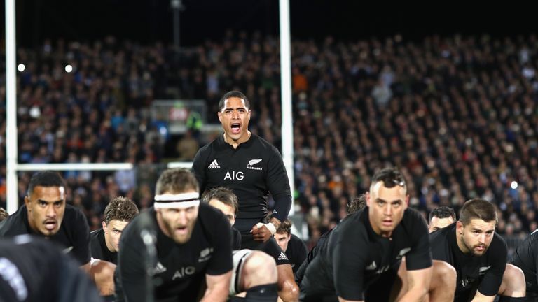Aaron Smith of the All Blacks leads the haka during the Rugby Championship match between the All Blacks and South Africa, September 2016.