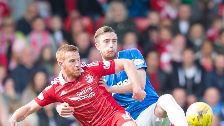 Rangers' Danny Wilson (right) and Aberdeen's Adam Rooney (left) battle for the ball during the Ladbrokes Scottish Premiership match at Pittodrie