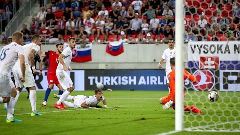 England's Adam Lallana scores his side's first goal of the game during the 2018 FIFA World Cup Qualifying match at the City Arena, Trnava. PRESS ASSOCIATIO