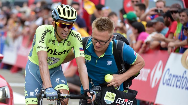 Tinkoff's Spanish cyclist Alberto Contador  crosses the finish line during the 15th stage of the 71st edition of "La Vuelta" Tour of Spain, a 120km route S