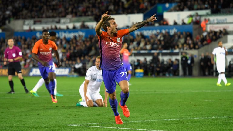 Aleix Garcia Serrano of Manchester City celebrates scoing his sides second goal during the EFL Cup Third Round match betwee