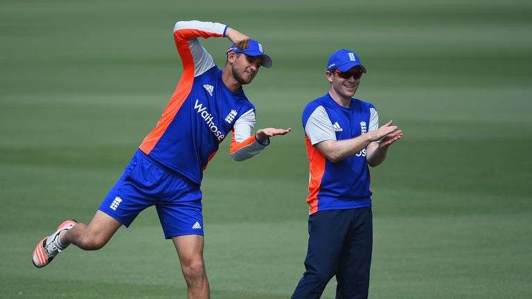 SYDNEY, AUSTRALIA - MARCH 12:  England captain Eoin Morgan and Alex Hales share a joke during an England nets session at Sydney Cricket Ground on March 12,
