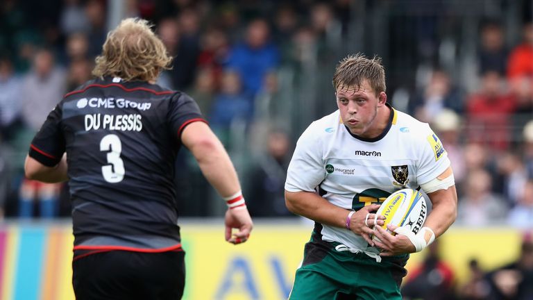Alex Waller on the attack for Northampton Saints