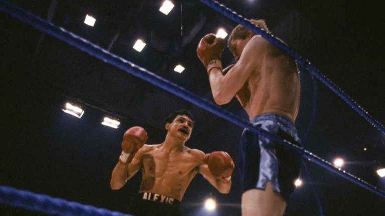 LONDON - JUNE 20:  Alexis Arguello (left) of Nicaragua forces Jim Watt of Great Britain against the ropes during the WBC Lightweight Championship bout on J