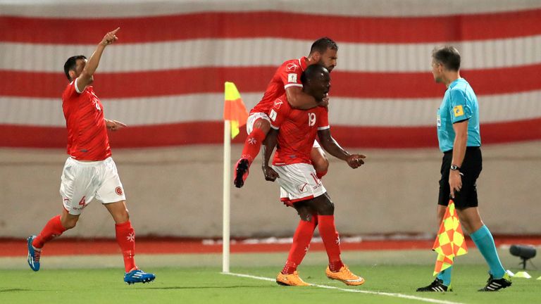 Malta's Alfred Effiong celebrates scoring his side's first goal of the gameTa'Qali N
