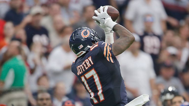 HOUSTON, TX - SEPTEMBER 11: Alshon Jeffery #17 of the Chicago Bears makes a catch against Andre Hal #29 of the Houston Texans in the second quarter at NRG 