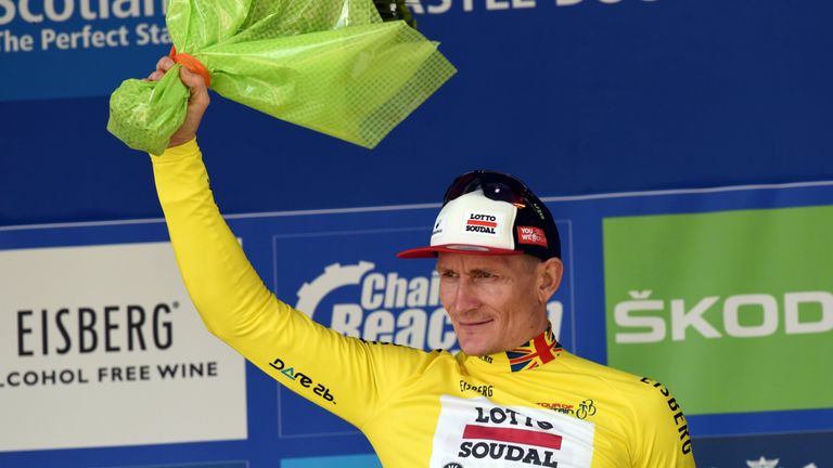 Andre Greipel in the leaders jersey after winning Stage 1 of the 2016 Tour of Britain