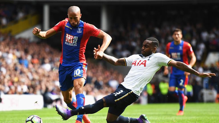 Andros Townsend of Crystal Palace is challenged by Danny Rose of Tottenham Hotspur during the Premier League match at White Hart Lane in August 2016