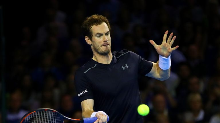 GLASGOW, SCOTLAND - SEPTEMBER 18:  Andy Murray of Great Britain hits a forehand during his singles match against Guido Pella of Argentina during day three 