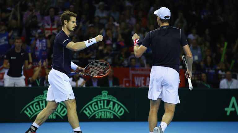 Andy Murray and Jamie Murray of Great Britain celebrate a point