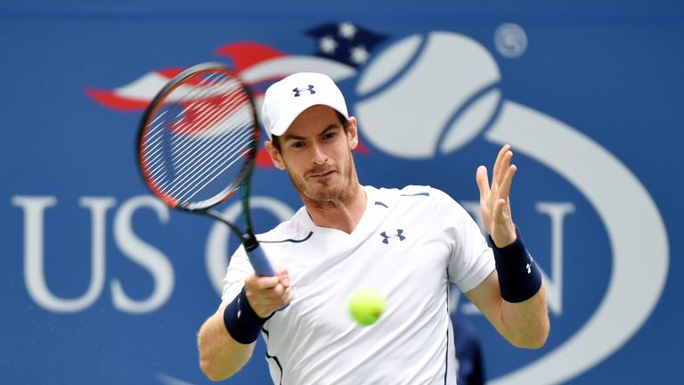 NEW YORK, NY - SEPTEMBER 03:  Andy Murray of Great Britain returns a shot to Paolo Lorenzi of Italy during his third round Men's Singles match on Day Six o