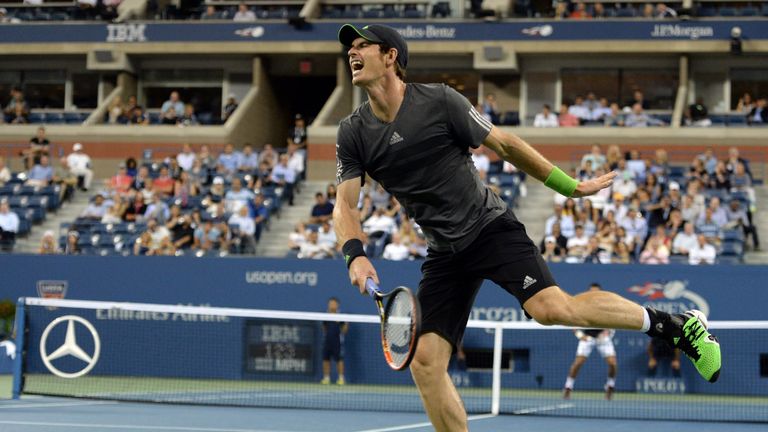 Andy Murray of Britain reacts to a point against Novak Djokovic of Serbia during their 2014 US Open men's singles match at the USTA Billie Jean King Nation