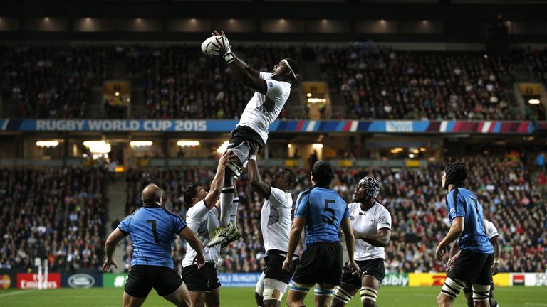 Fiji's lock Api Ratuniyarawa jumps for a lineout ball during a Pool A match of the 2015 Rugby World Cup between Fiji and Uruguay at Stadium MK