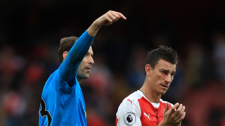 Arsenal's Laurent Koscielny (right) and Petr Cech celebate victory over Southampton
