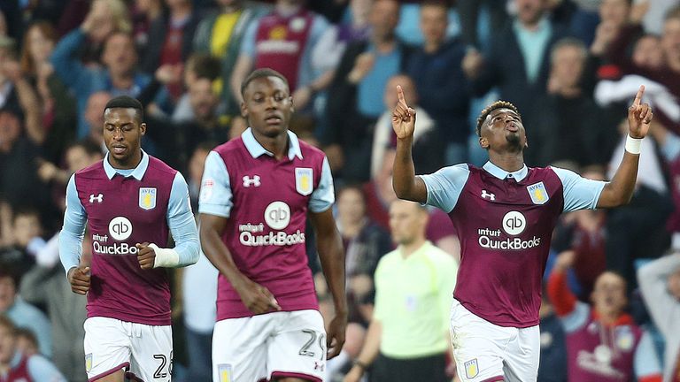 Aston Villa's Aaron Tshibola (far right) celebrates after scoring against Newcastle
